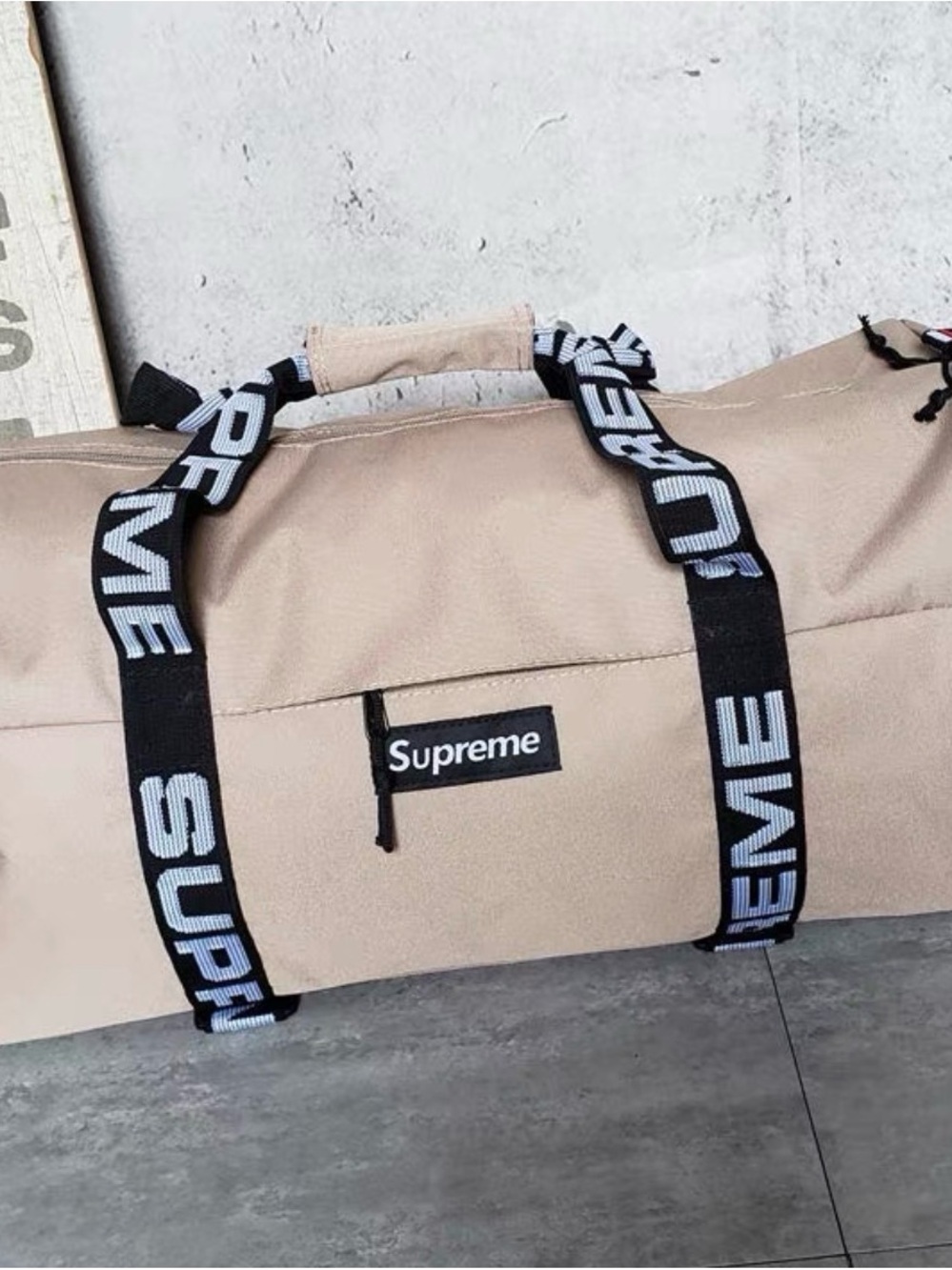 Supreme Beige Duffel with Black Branded Straps
